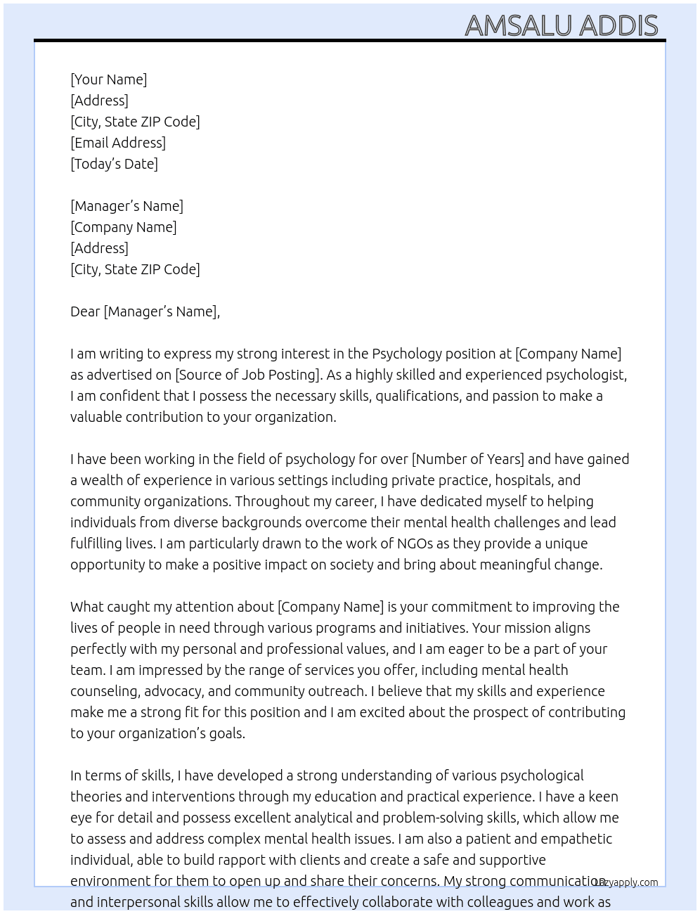 Psychology At NGO Cover Letter