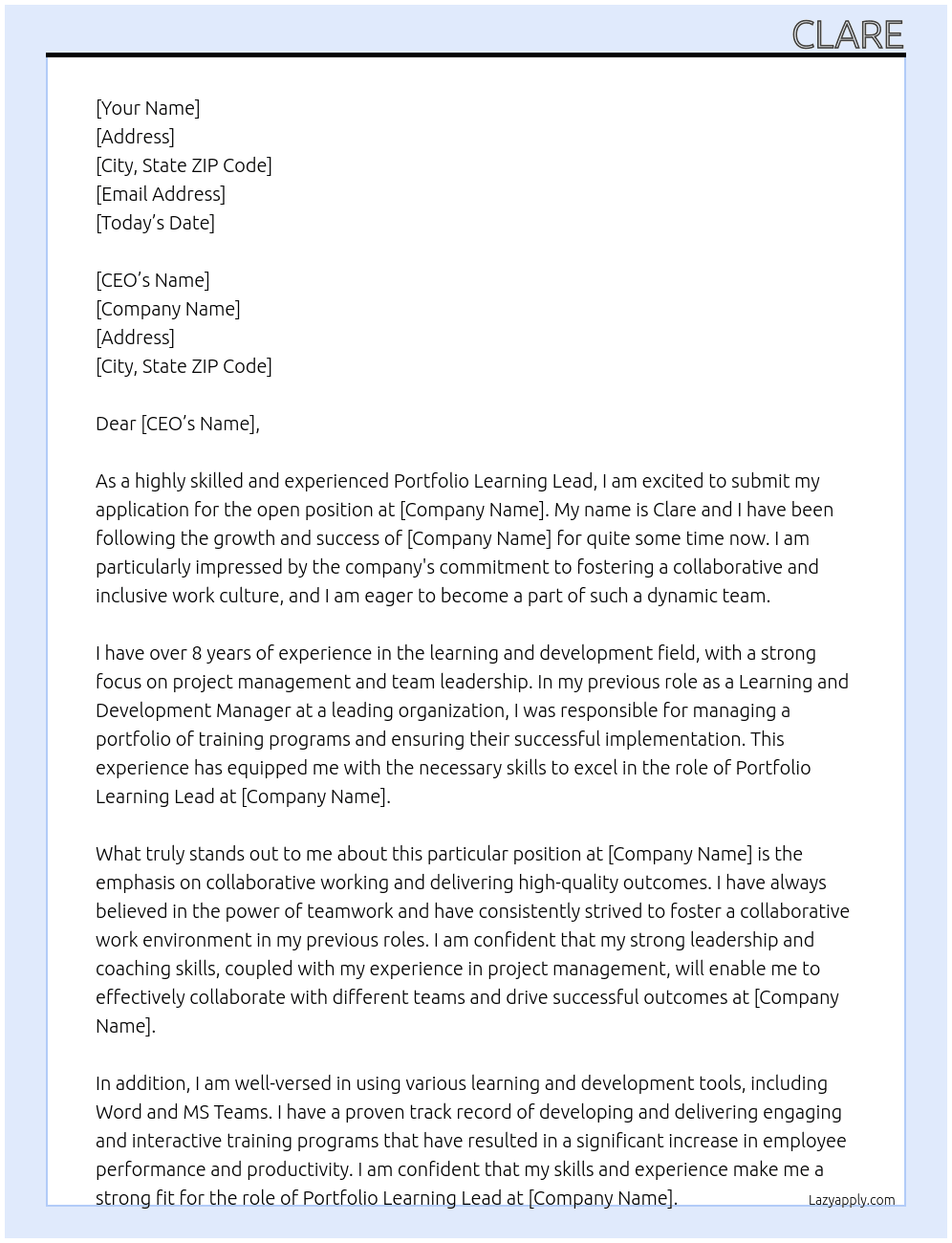 portfolio learning lead At govement Cover Letter