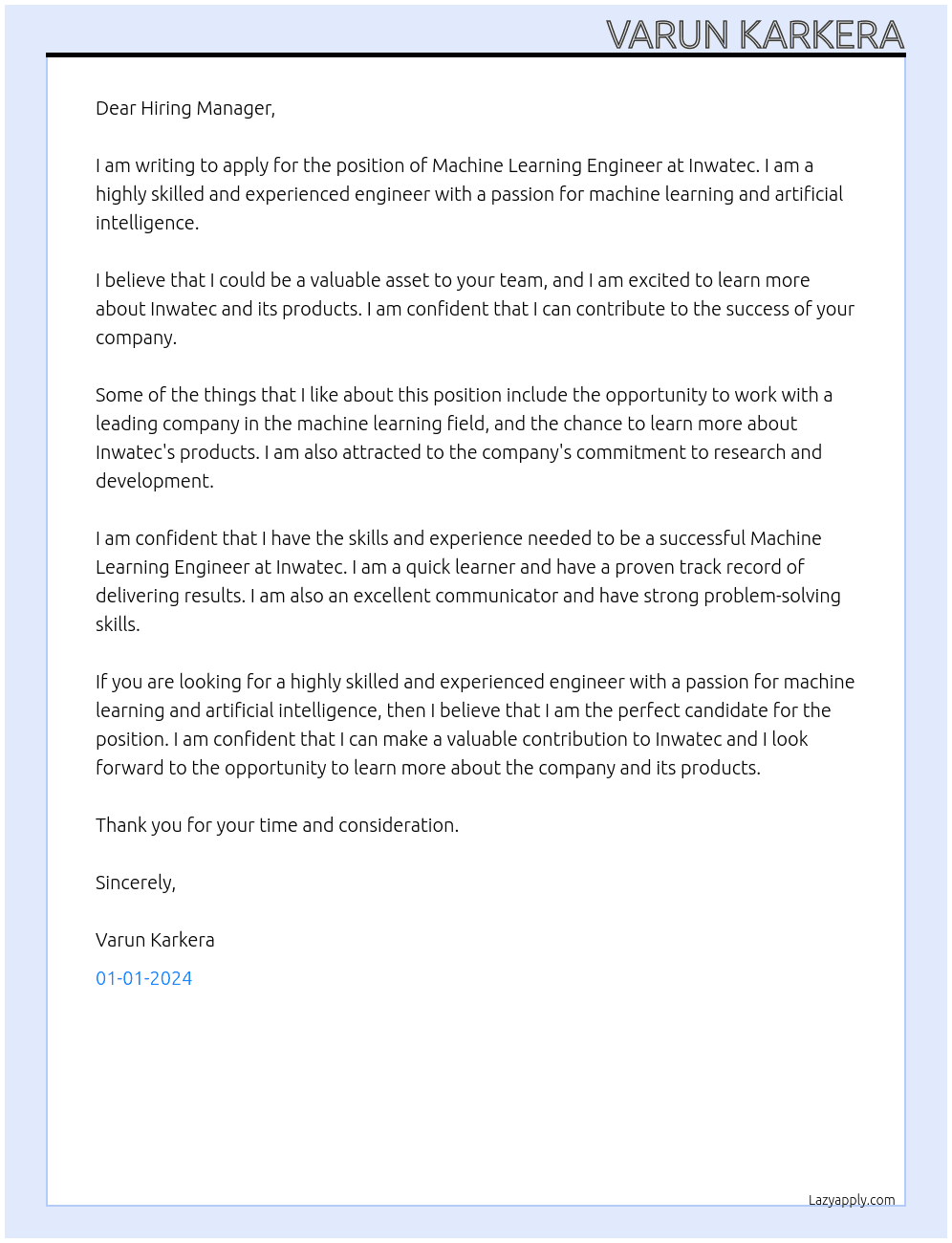 Machine Learning Engineer At Inwatec Cover Letter
