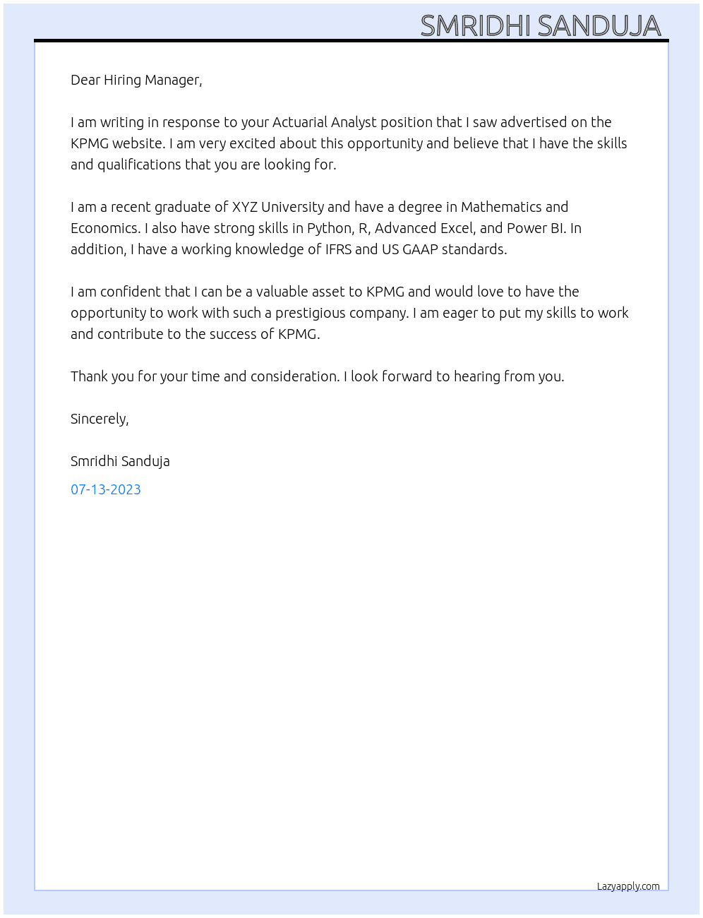 Actuarial Analyst  At KPMG Cover Letter