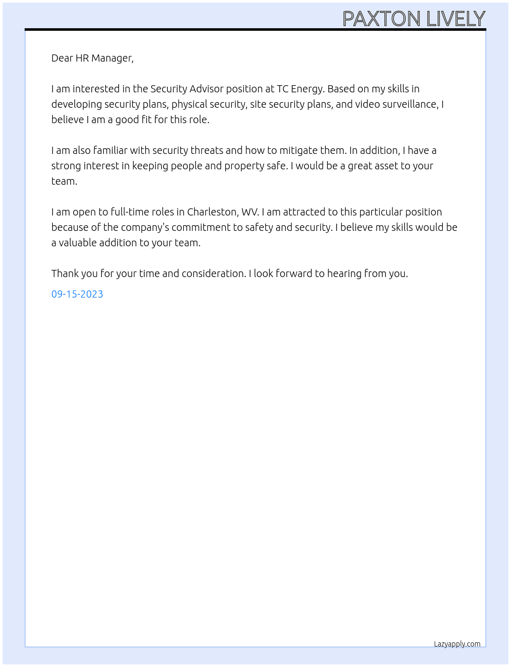 Security Advisor At TC Energy Cover Letter