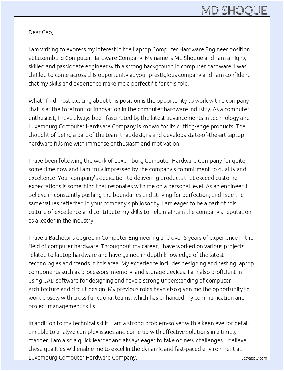 Laptop computer hardware engineer  At Luxemburg computer hardware company  Cover Letter