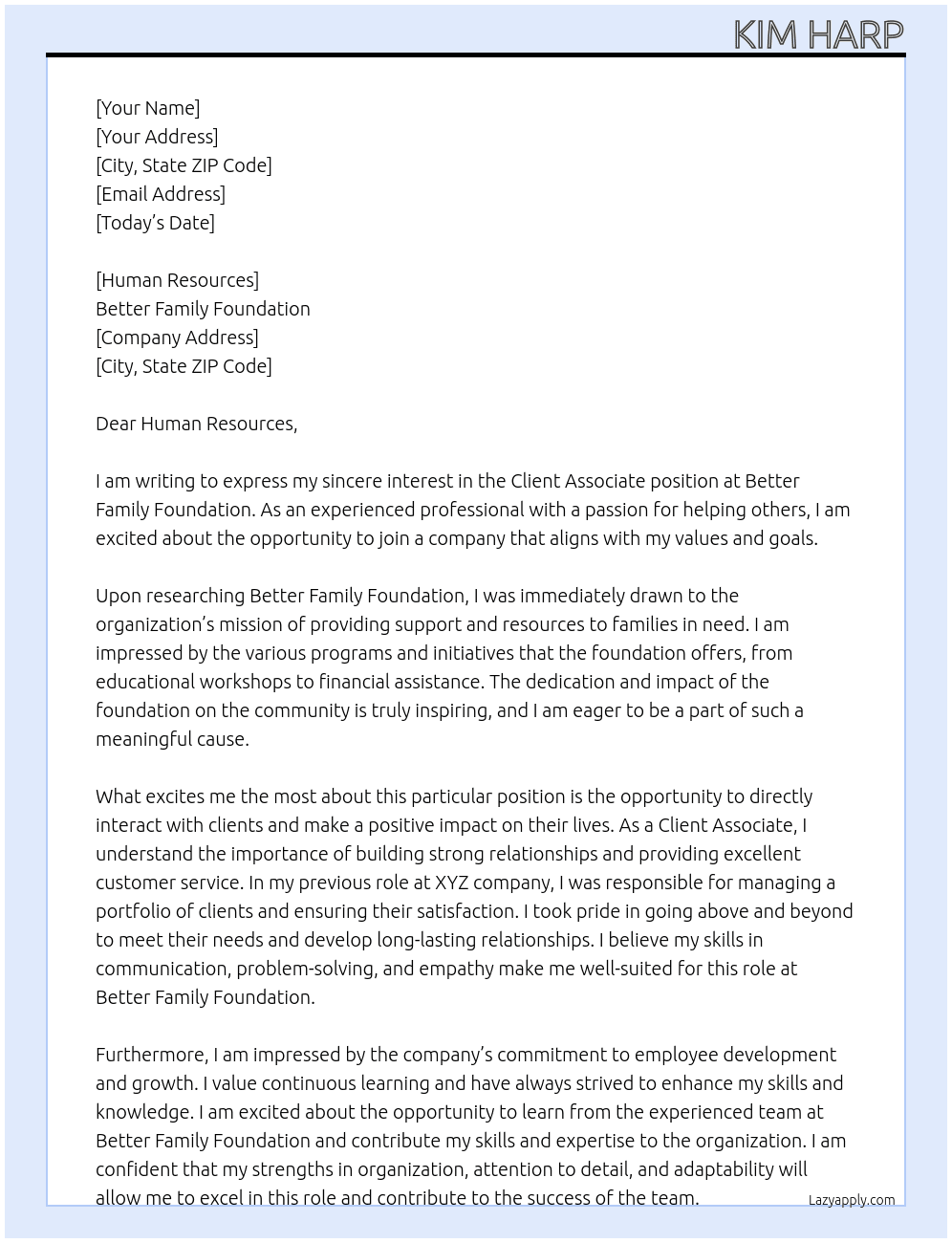 Client Associate At Better Family Foundation Cover Letter