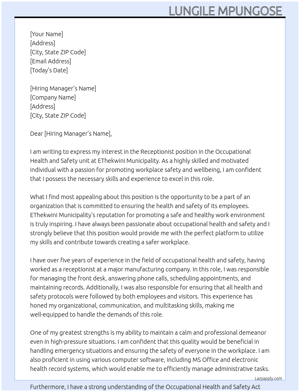 Receptionist in occupational health and safety unit At EThekwini Municipality  Cover Letter