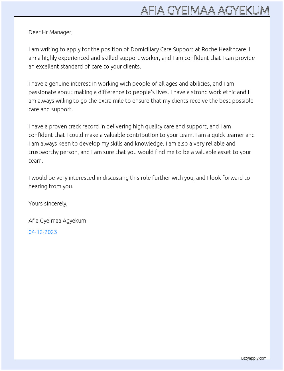 Domiciliary Care Support At Roche Healthcare Cover Letter