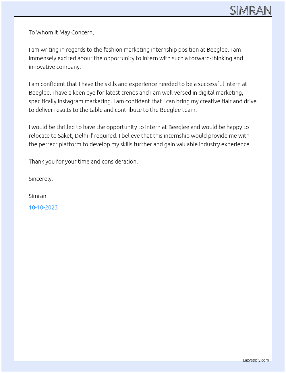 fashion marketing At beeglee Cover Letter