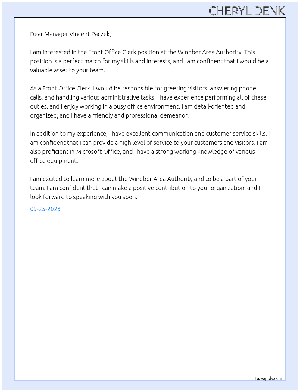 Front Office Clerk At Windber Area Authority Cover Letter