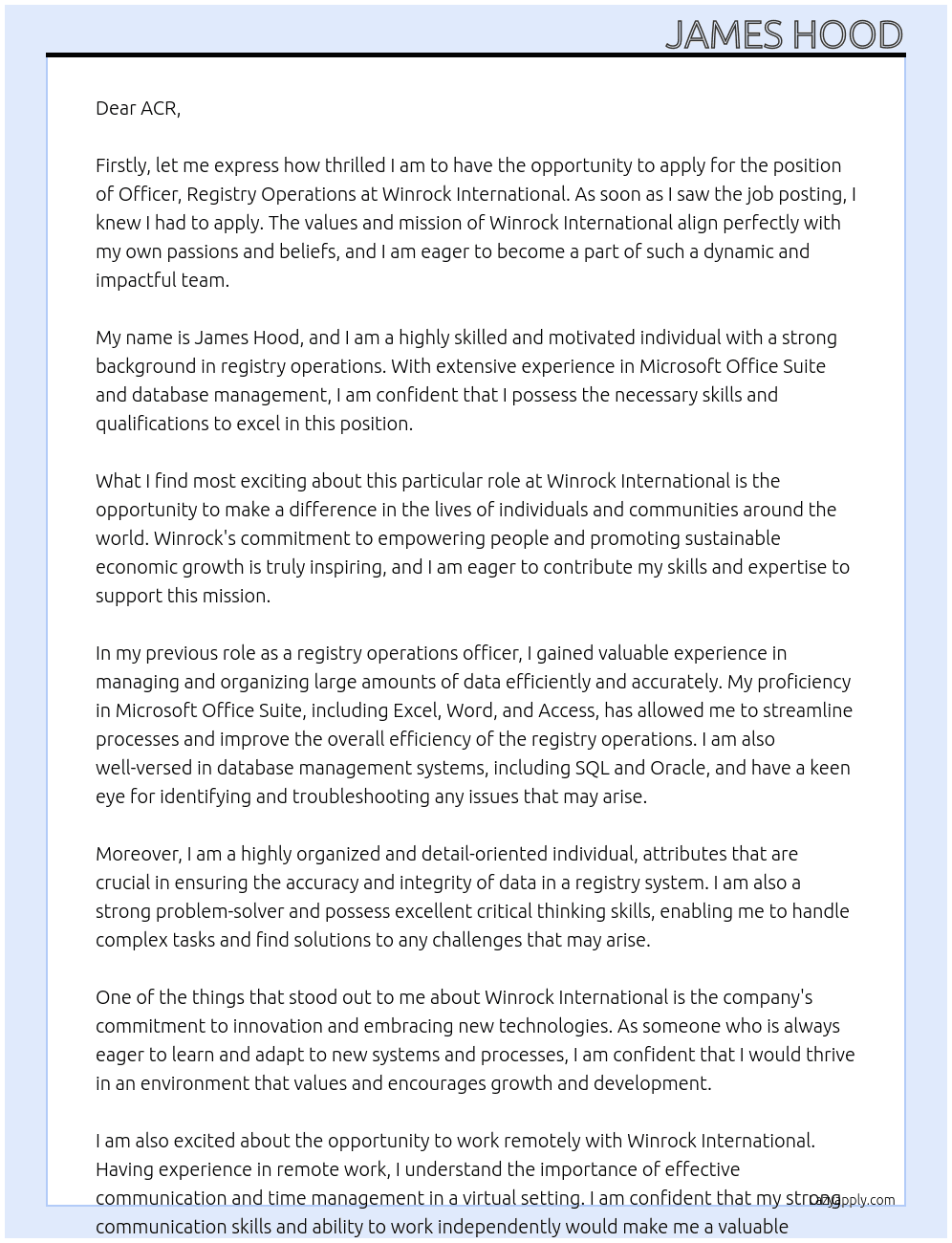 officer, registry operations At Winrock International Cover Letter