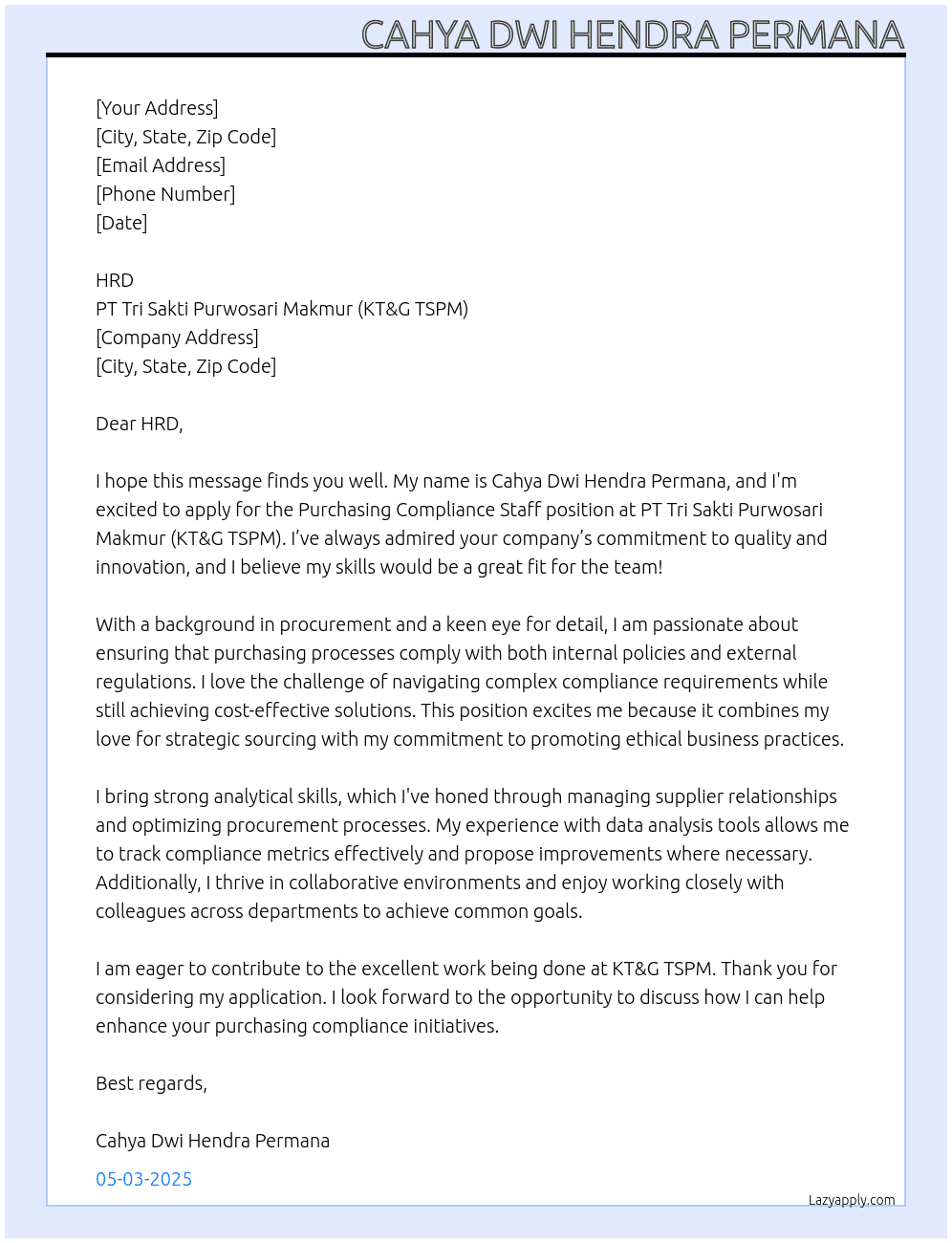 Cover letter for purchasig compliace staff - LazyApply