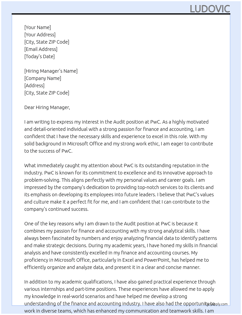 Audit At PwC Cover Letter