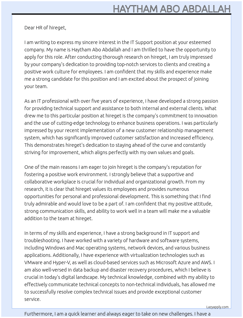 IT Support At hireget Cover Letter