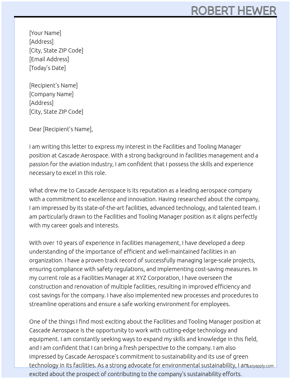 Facilities and Tooling Manager At Cascade Aerospace Cover Letter