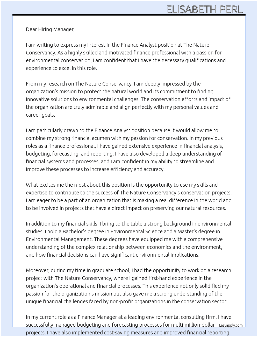 Finance Analyst  At The Nature Conservancy  Cover Letter