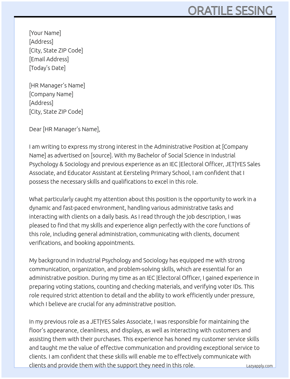 Administrative Position At company  Cover Letter