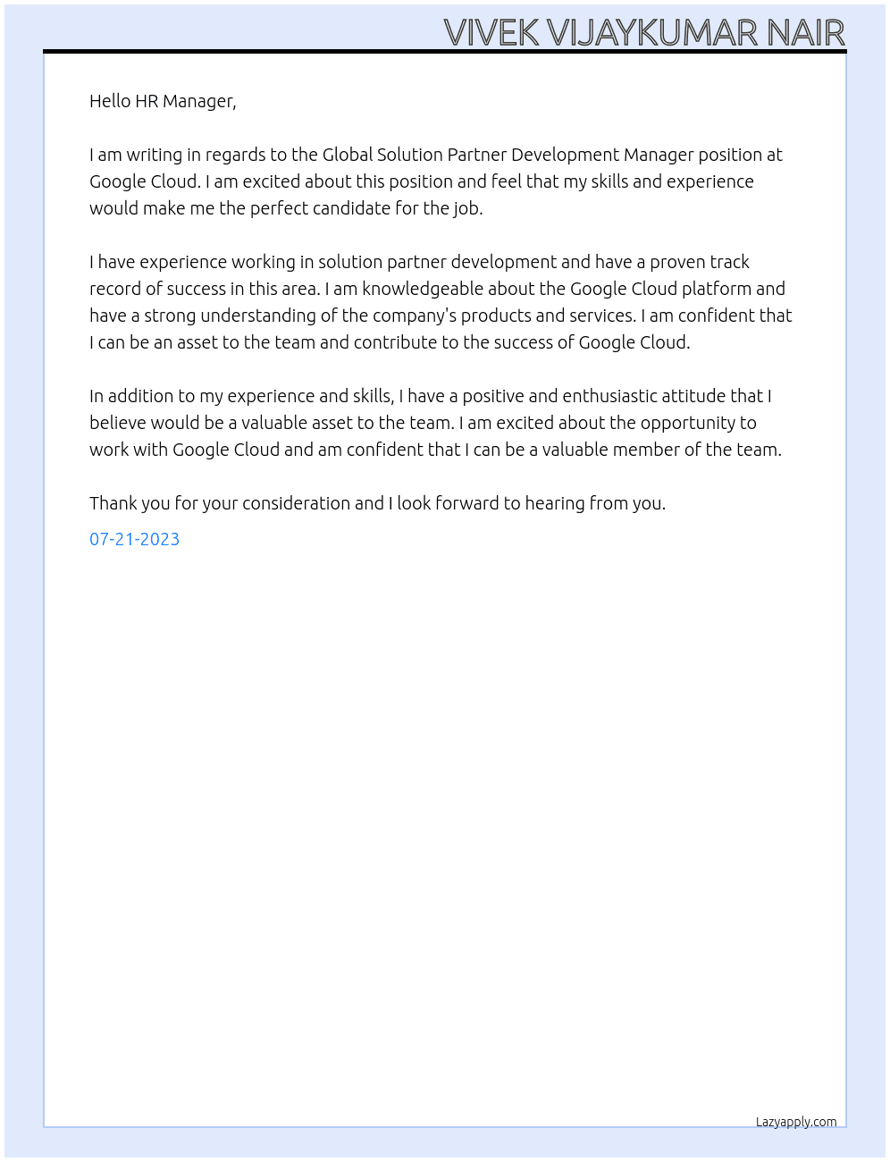Global Solution Partner Development Manager At Google cloud  Cover Letter