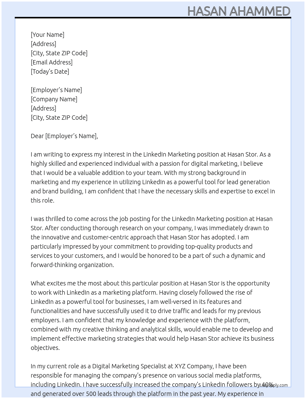 linkedin markeying At hasan stor Cover Letter