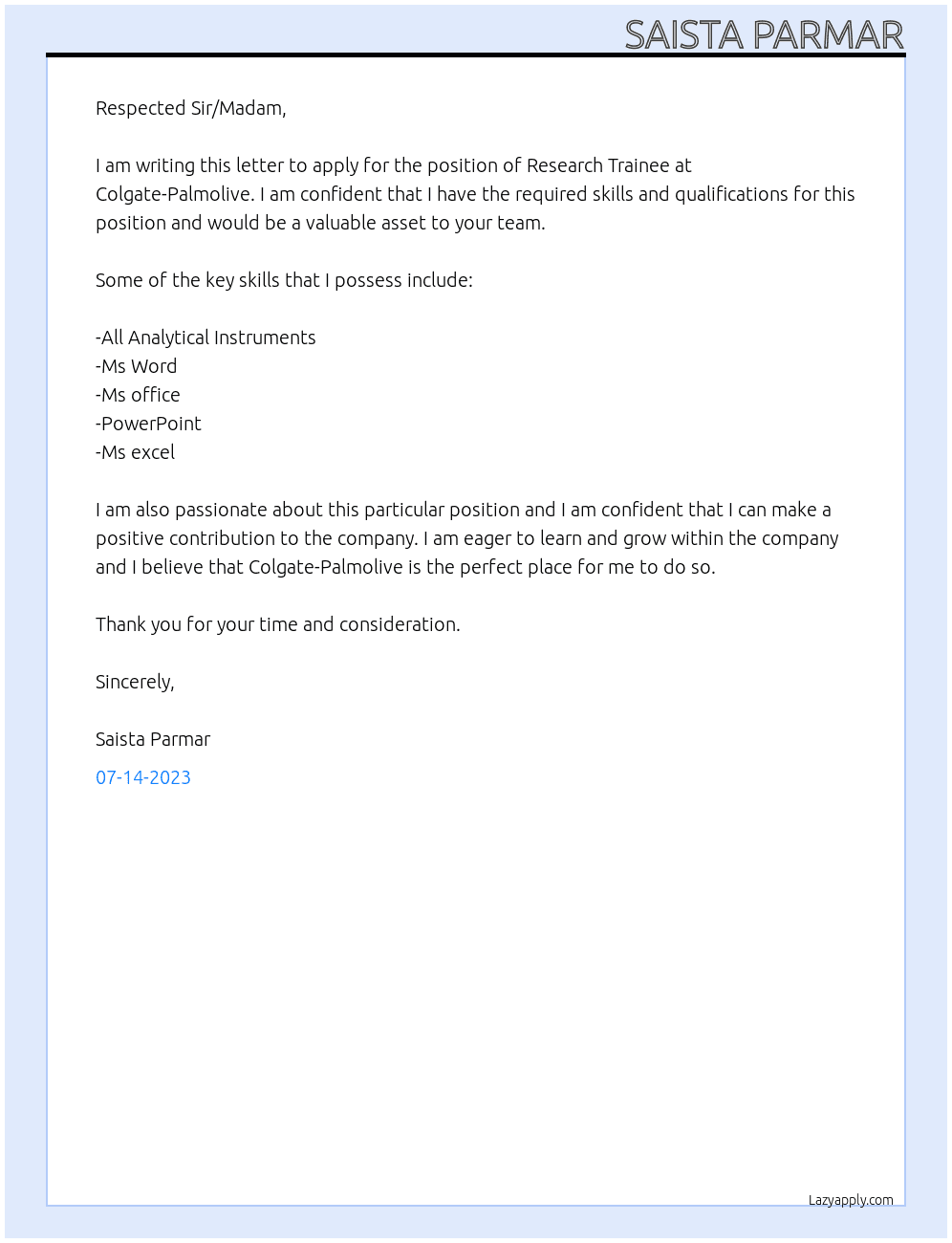 Research trainee At Colgate-Palmolive Cover Letter
