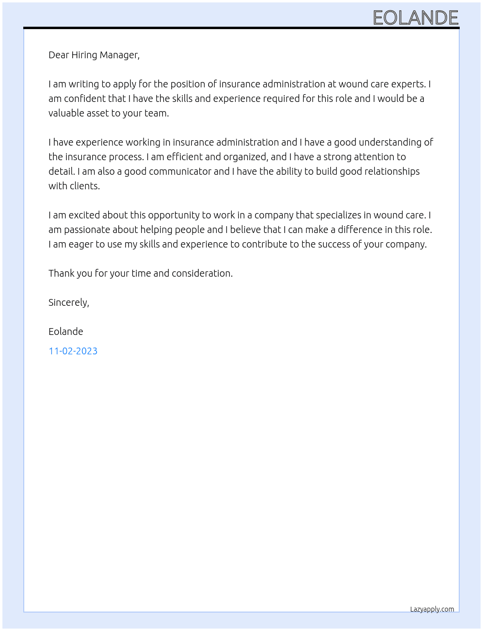 Insurance adminstration At wound care experts  Cover Letter