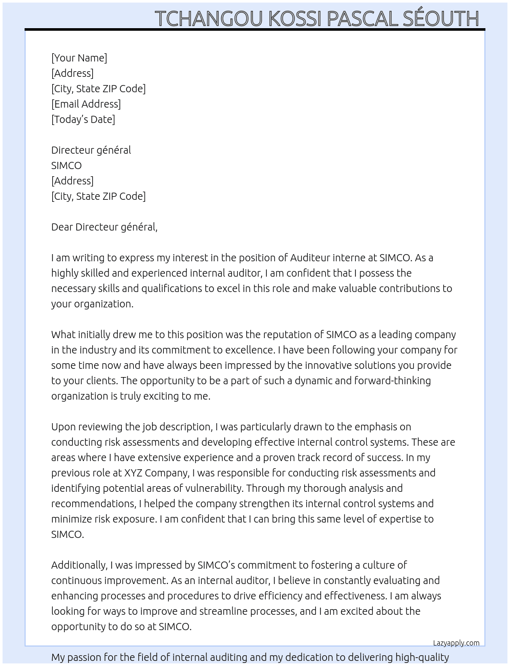 Auditeur interne  At SIMCO Cover Letter