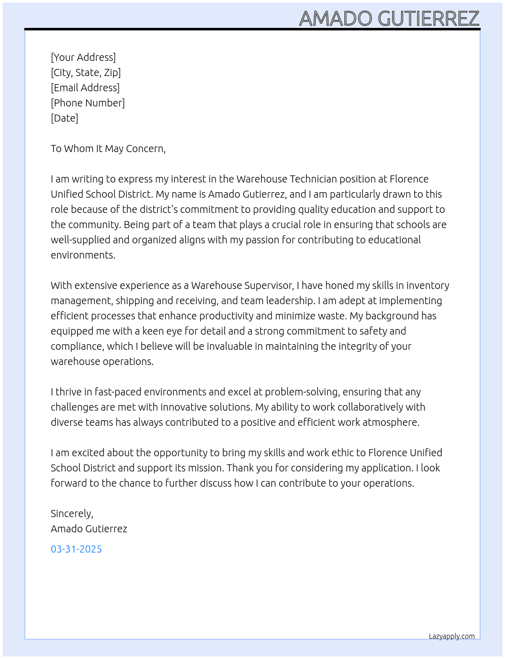 Warehouse Techniacian At Florence unified school District Cover Letter