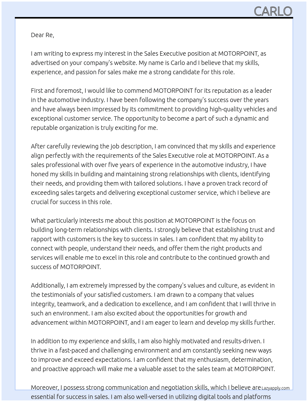 Sales Executive At MOTORPOINT Cover Letter