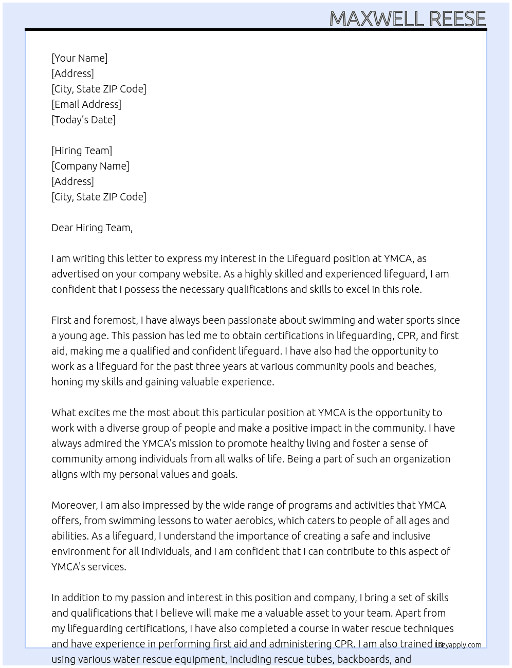 Lifeguard At YMCA Cover Letter
