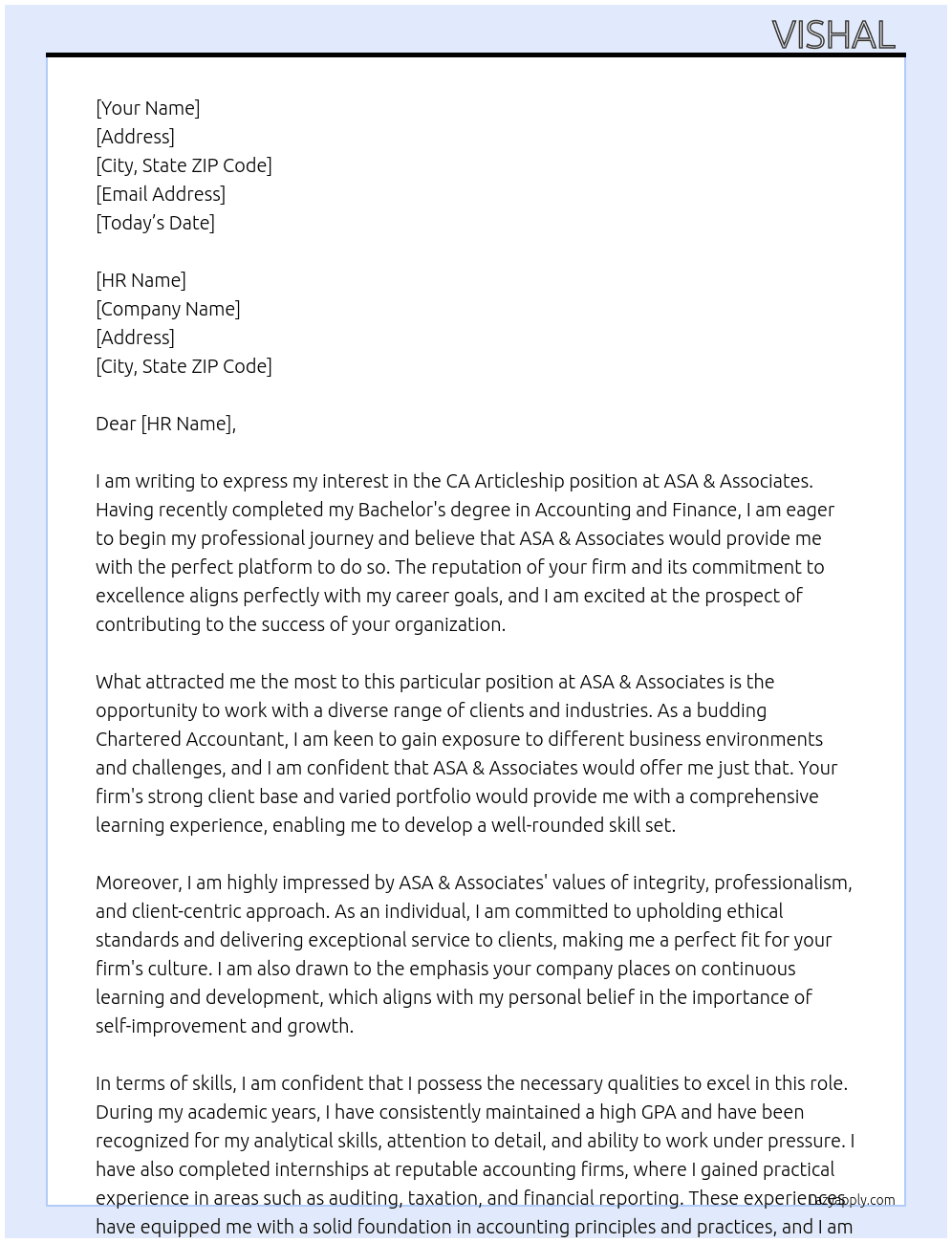 ca articleship At ASA & associate Cover Letter