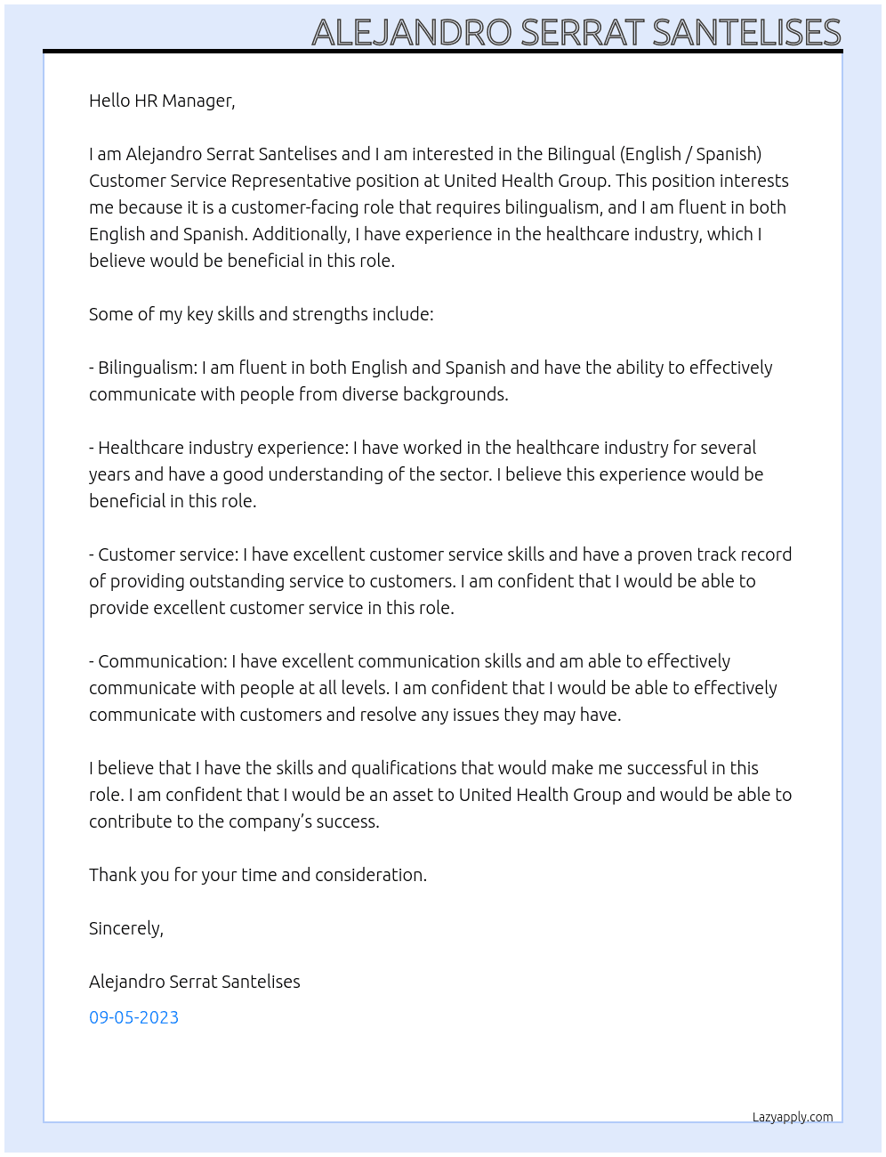 Bilingual (English / Spanish) Customer Service Representative At united health group Cover Letter