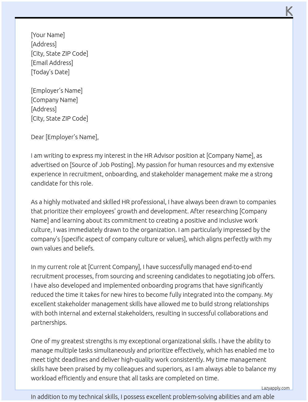 HR Advisor At R Cover Letter