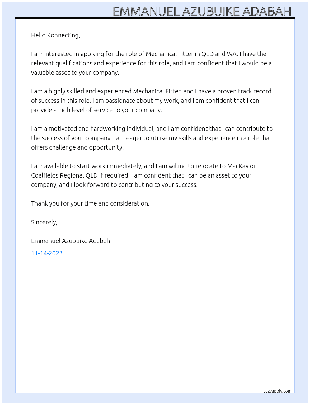 Mechanical fitter QLD and WA At Konnecting  Cover Letter