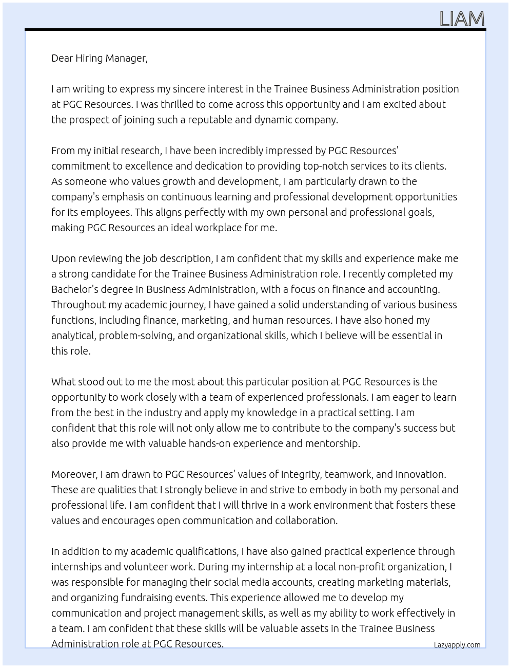 Trainee Business Administration At PGC Resources Cover Letter