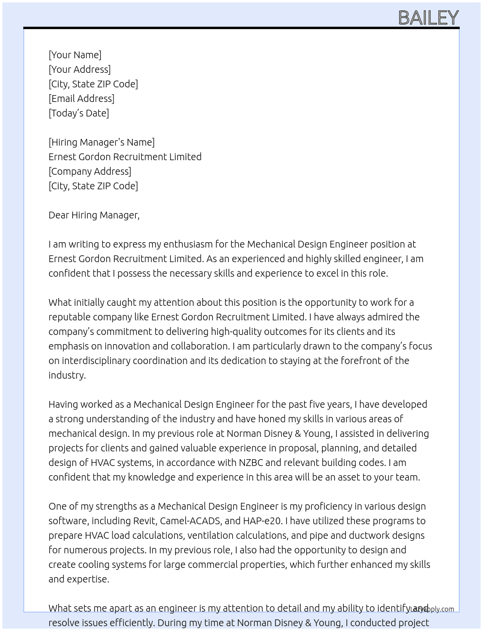 Mechanical Design Engineer At Ernest Gordon Recruitment Limited Cover Letter