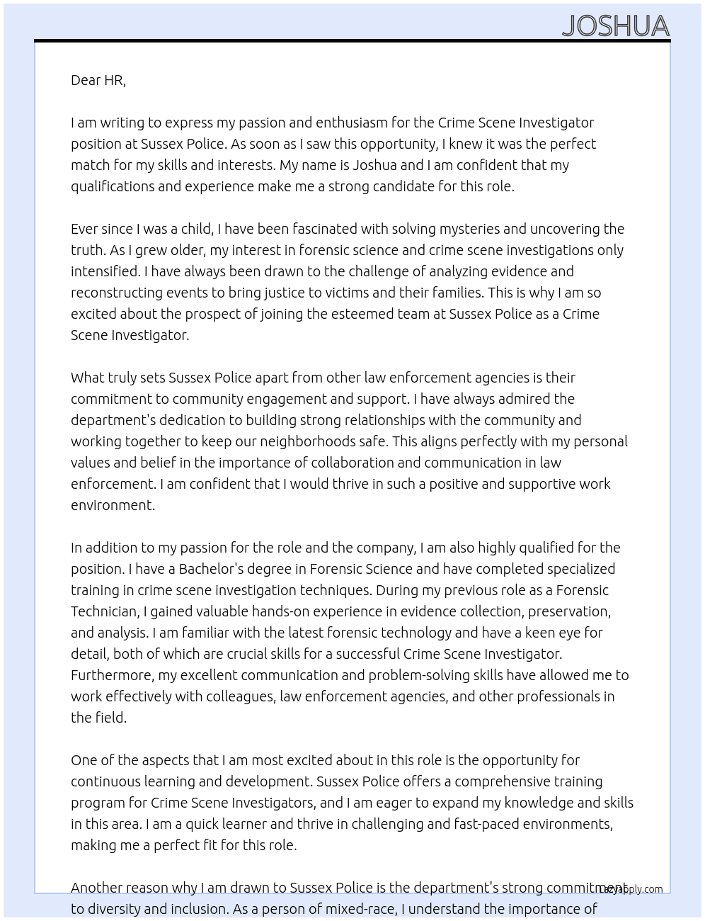 crime scene investigator  At Sussex police Cover Letter