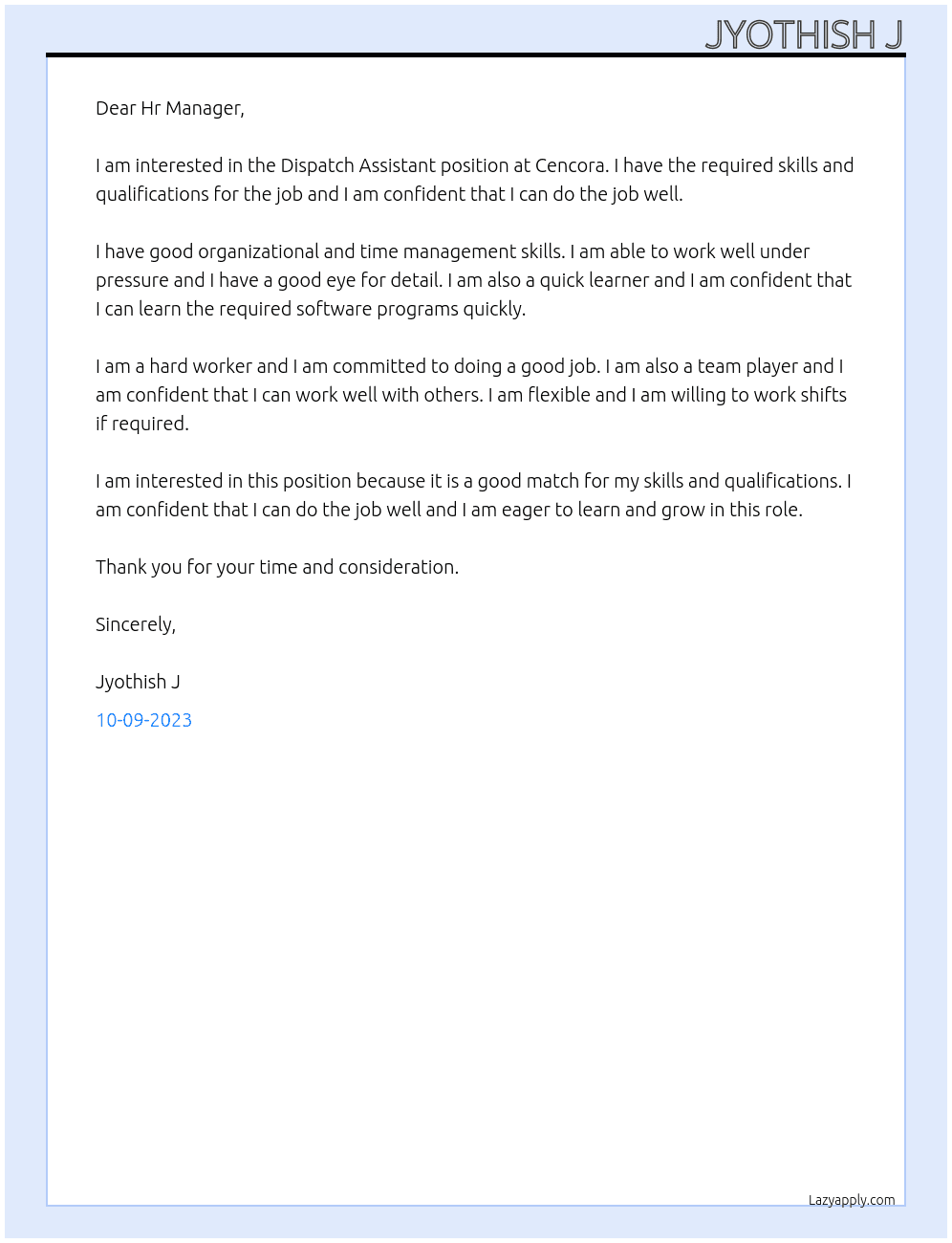 Dispatch Assistant At Cencora Cover Letter