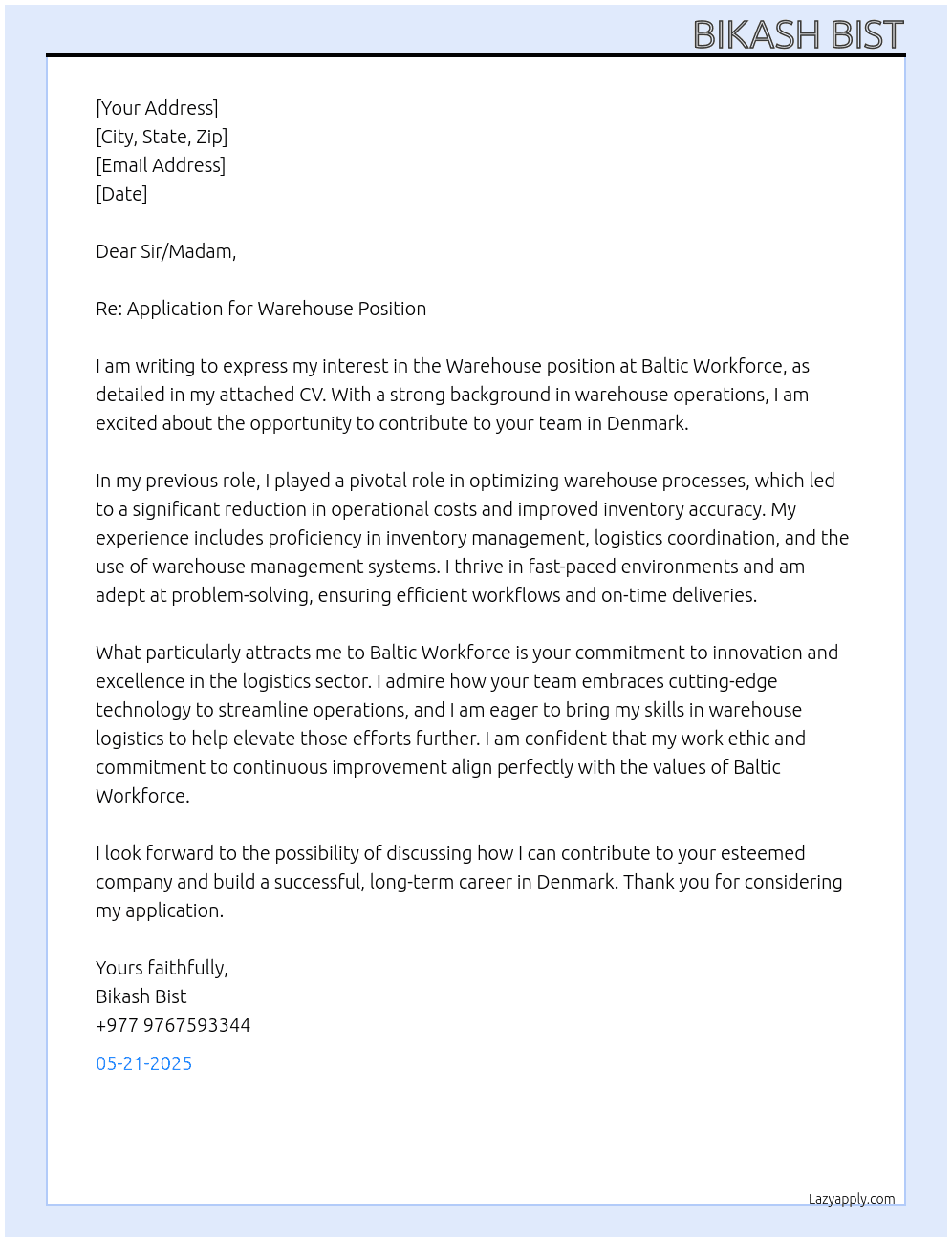Warehouse  At Baltic workforce  Cover Letter