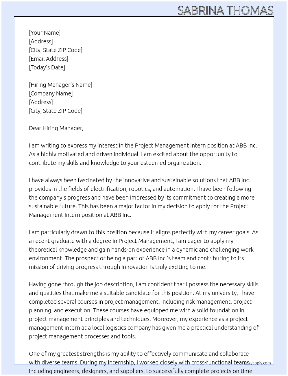 Project Management Intern At ABB Inc.  Cover Letter