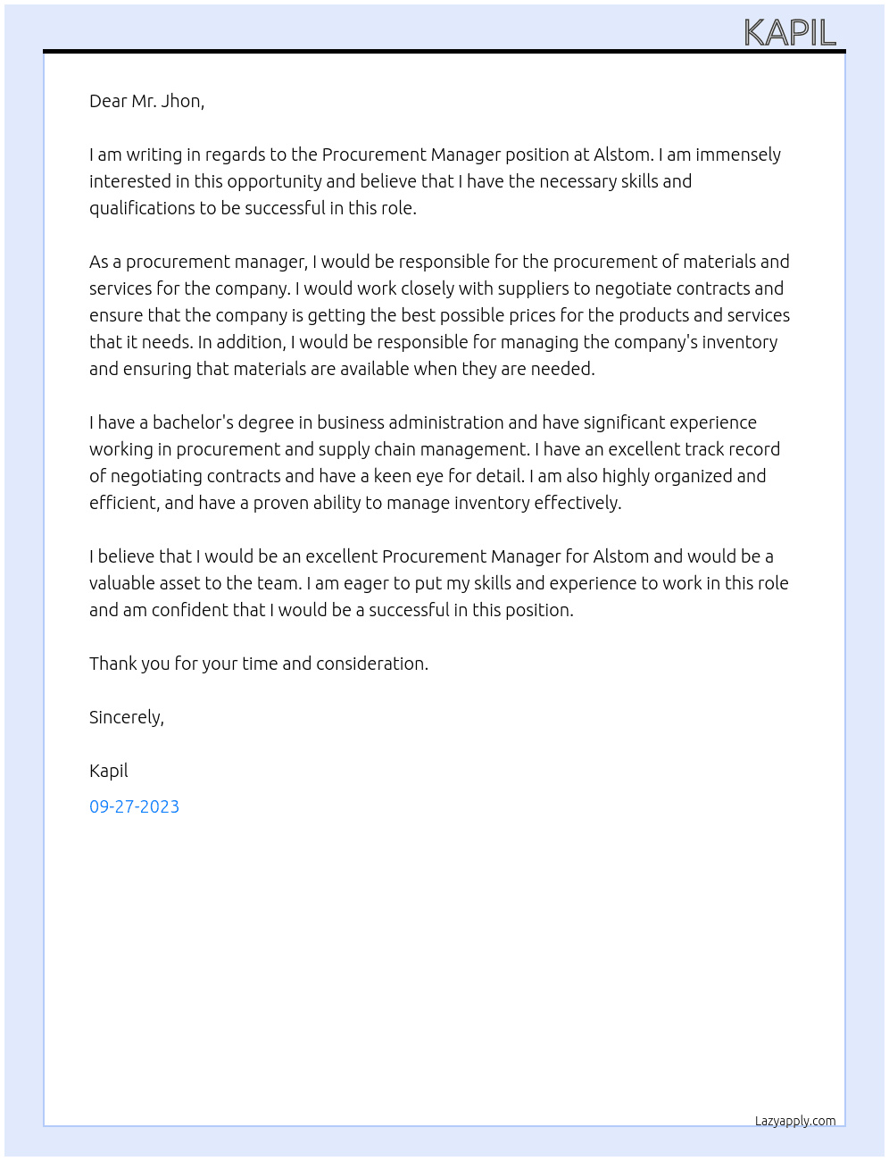 Procurement Manager  At Alstom Cover Letter