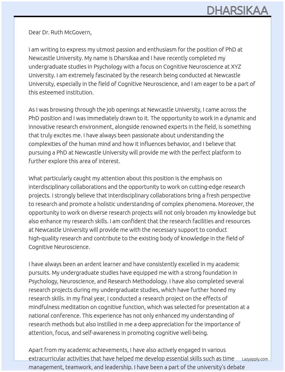 PhD At Newcastle University Cover Letter