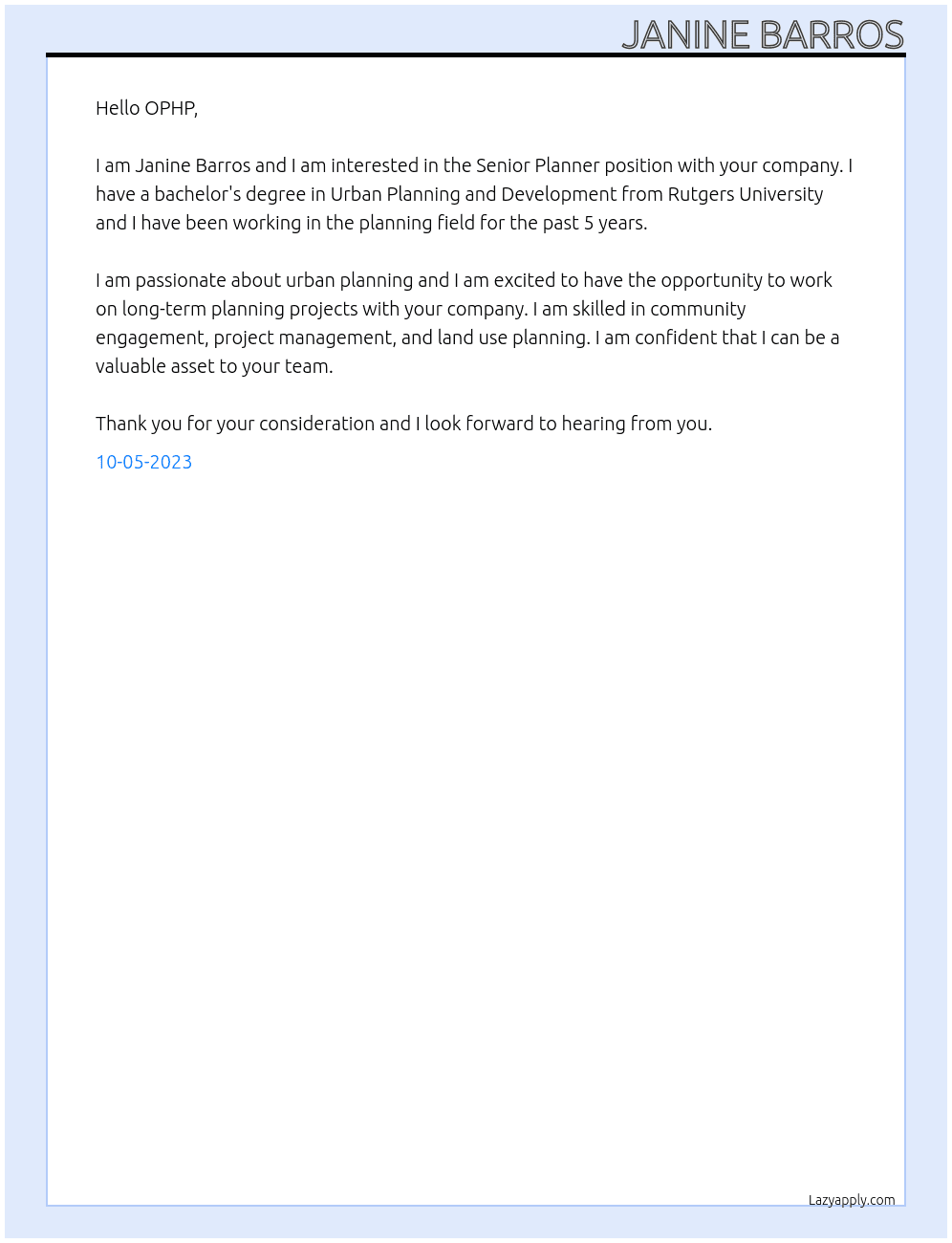 Senior Planner At OPHP Cover Letter