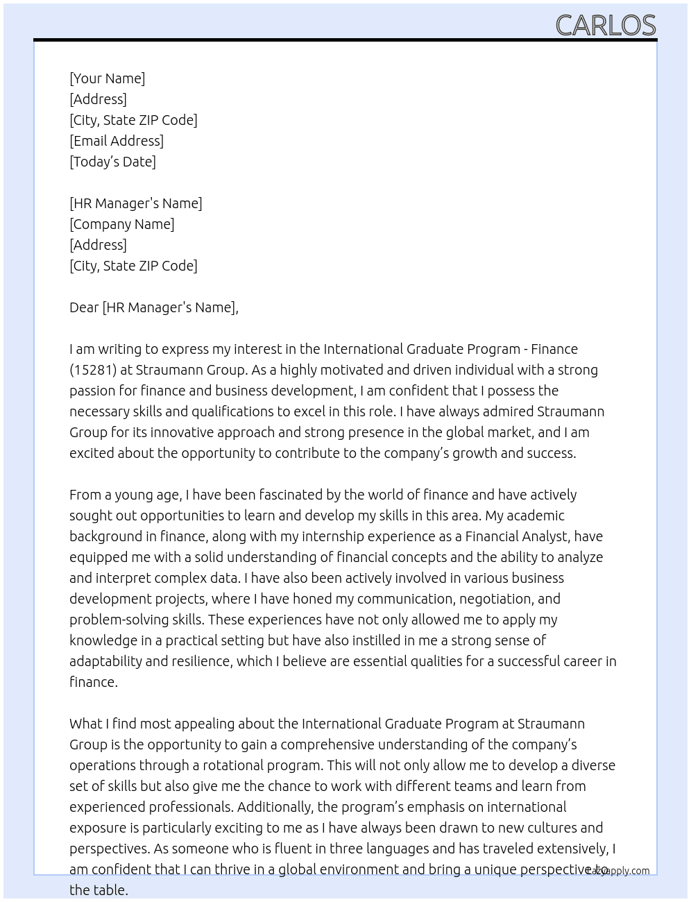 International Graduate Program - Finance (15281) At Straumann Group Cover Letter