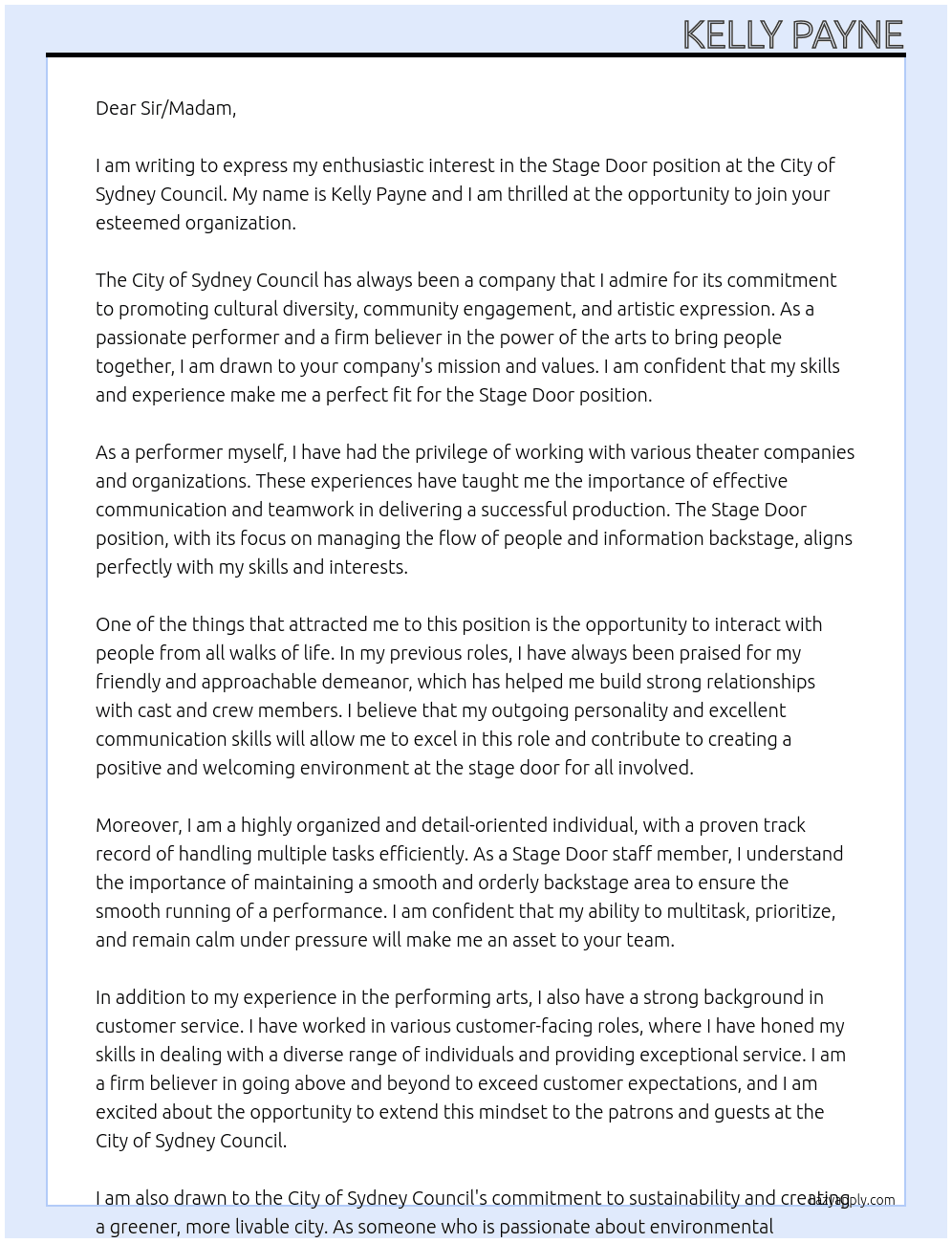 Stage Door At City of Sydney Council Cover Letter