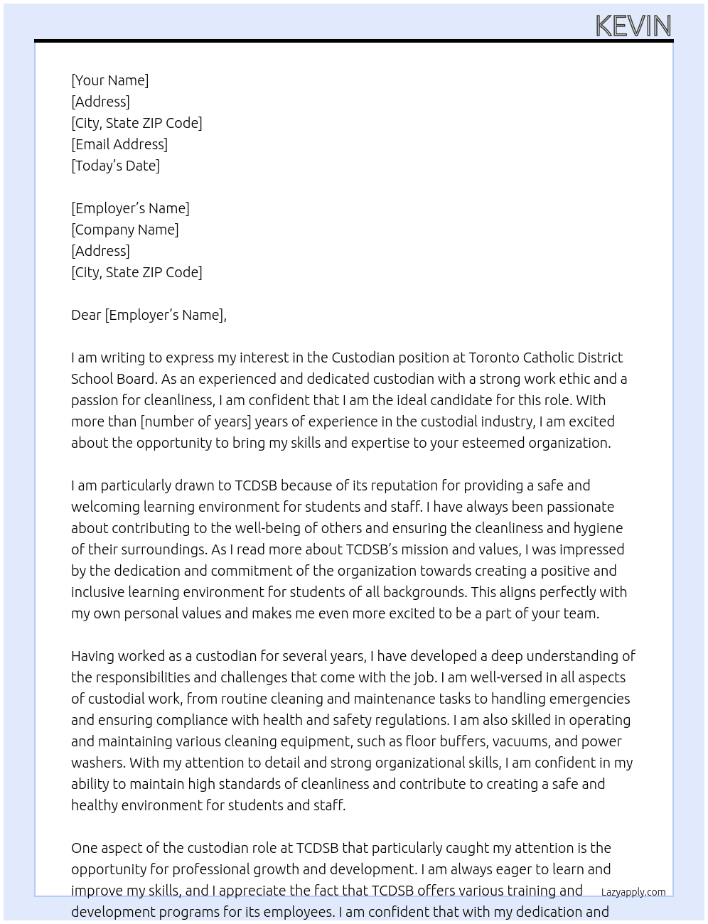 Custodian  At Toronto Catholic District School Board Cover Letter