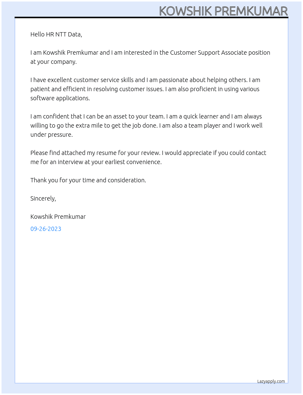 Customer Support Associate At NTT Data Cover Letter
