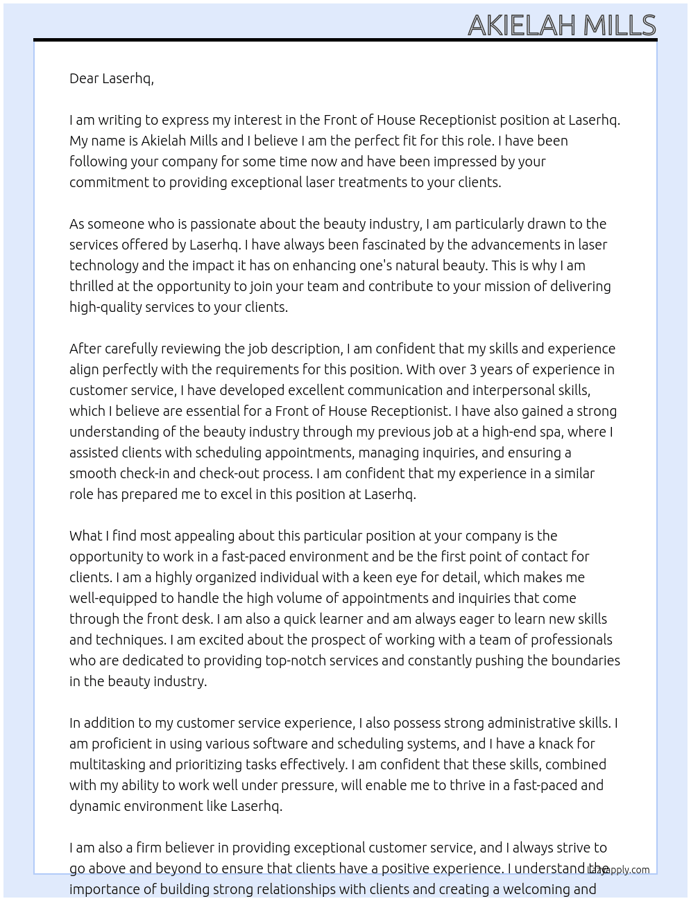 Front of house receptionist  At Laserhq Cover Letter
