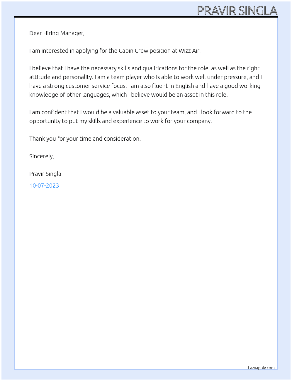 Cabin Crew At Wizz Air Cover Letter