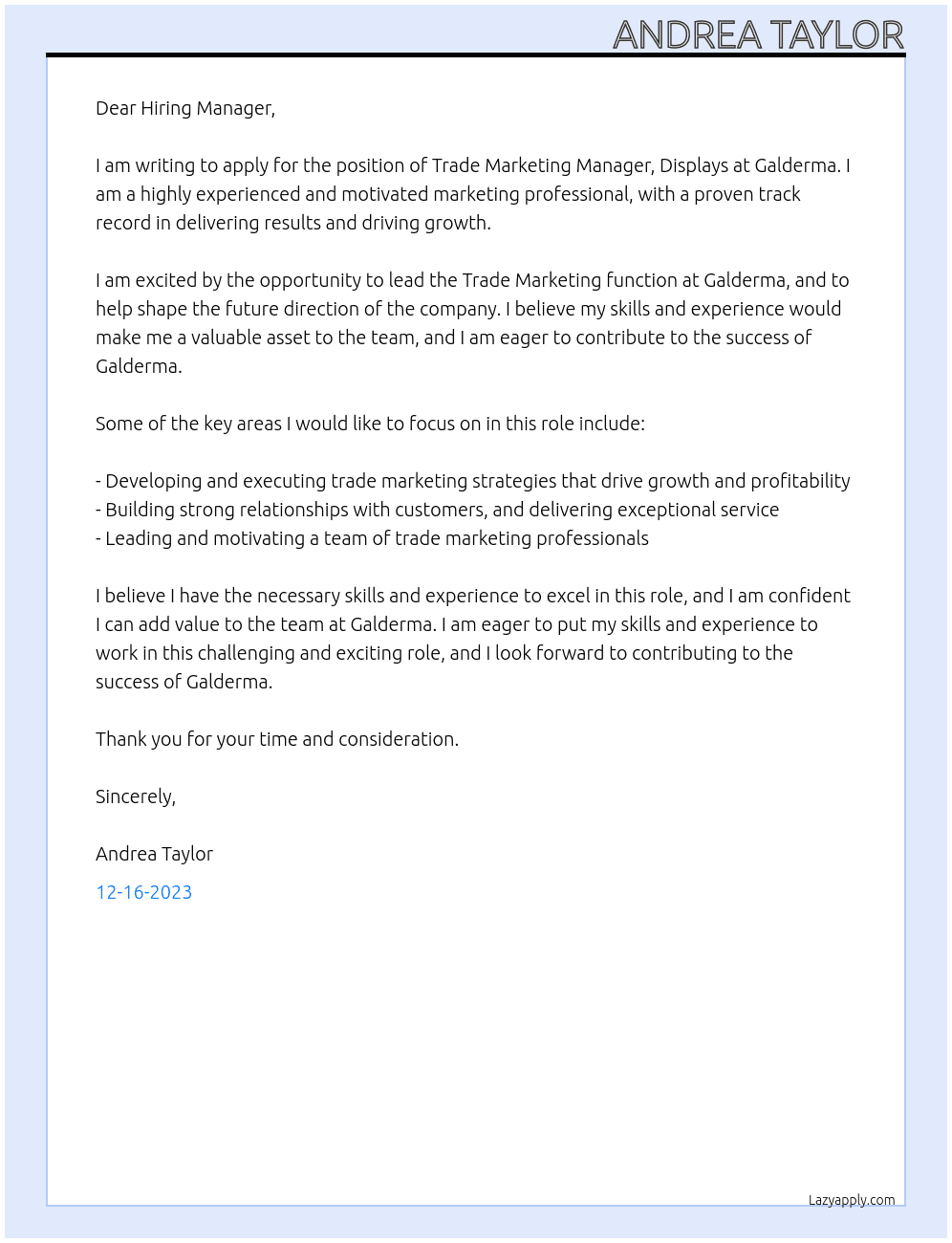 Trade Marketing Manager, Displays At Galderma  Cover Letter