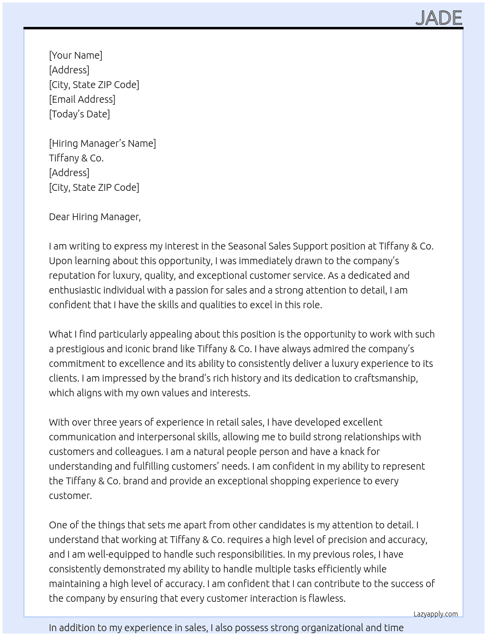 Seasonal Sales Support At Tiffany & Co Cover Letter