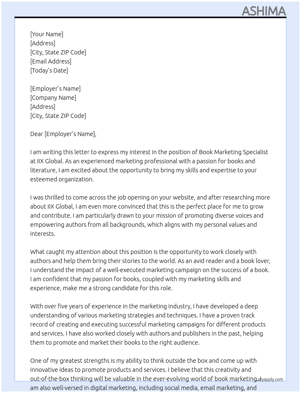 Book Marketing Specialist At iix global Cover Letter