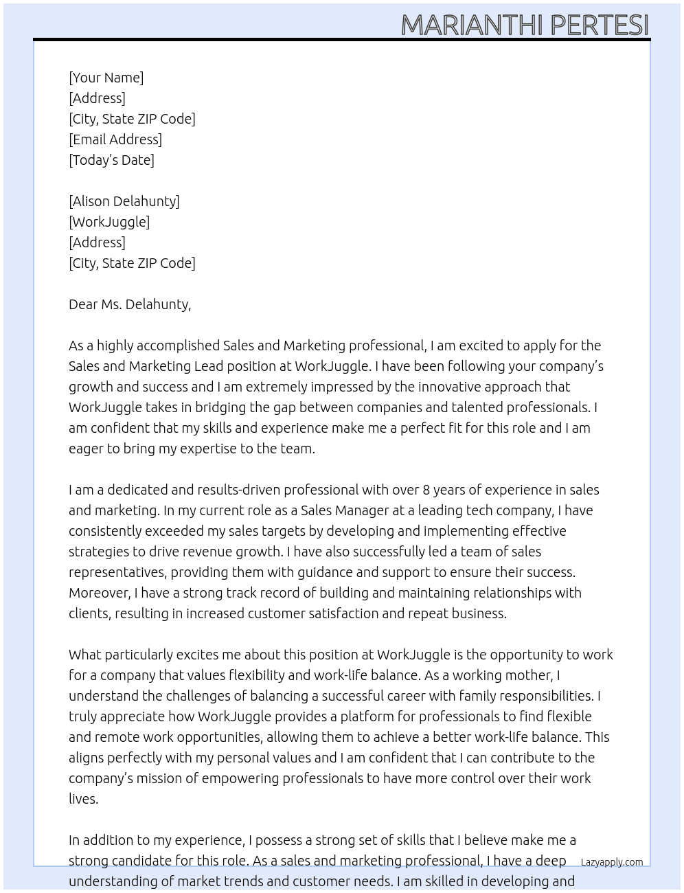 Sales and Marketing lead At WorkJuggle Cover Letter