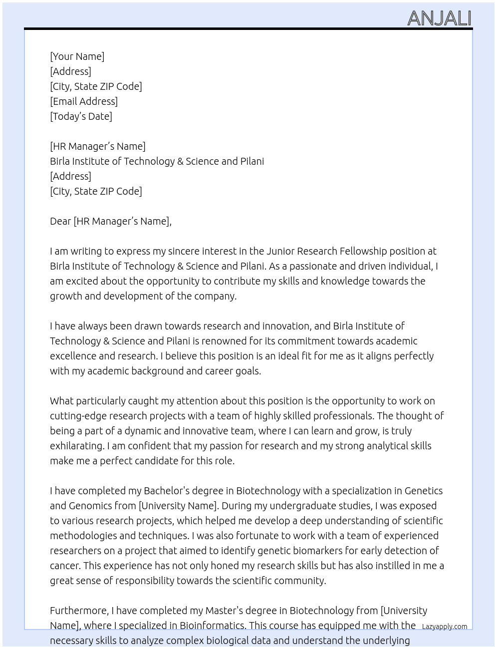 Birla institute of technology &science and pilani At Junior research fellowship Cover Letter